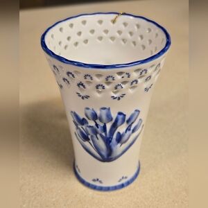 Delftware Blue and White Floral Porcelain Vase Handpainted Holland